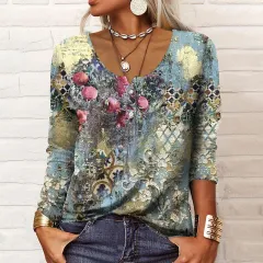 Autumn And Winter Loose Long Sleeve Geometric Flower Mang U Neck Button T-shirt For Women - Ey23022202 - View 1