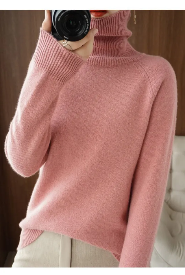 Women's Long sleeved Bottoming Shirt Slim Slimming High Collar Sweater Pink - Shop at LoveMi