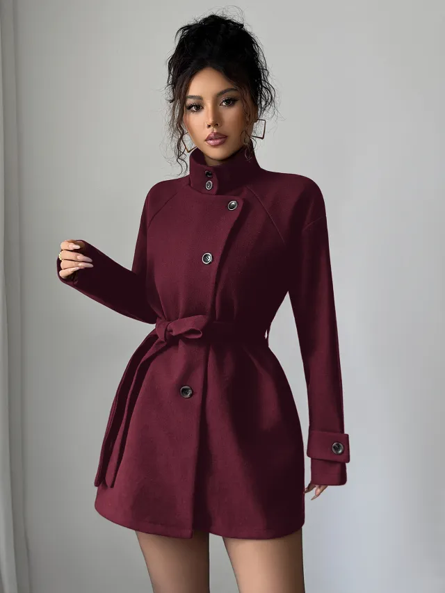 Women's Solid Color Casual Button Long Sleeved Windbreaker Jacket Wine Red - Shop at LoveMi
