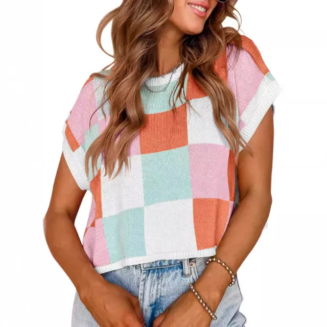 Midriff baring Short Sleeve Color Block Round Neck Knitted Checkerboard Plaid Sweater White - Shop at LoveMi