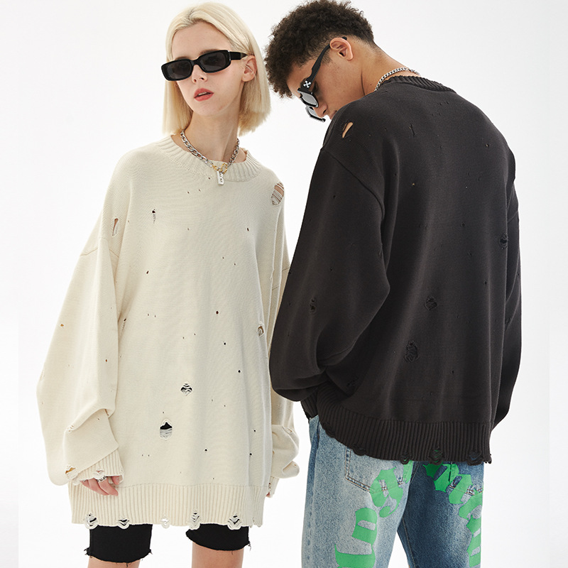 Autumn And Winter New Round Neck Knitwear Ripped Leisure Loose Sweater