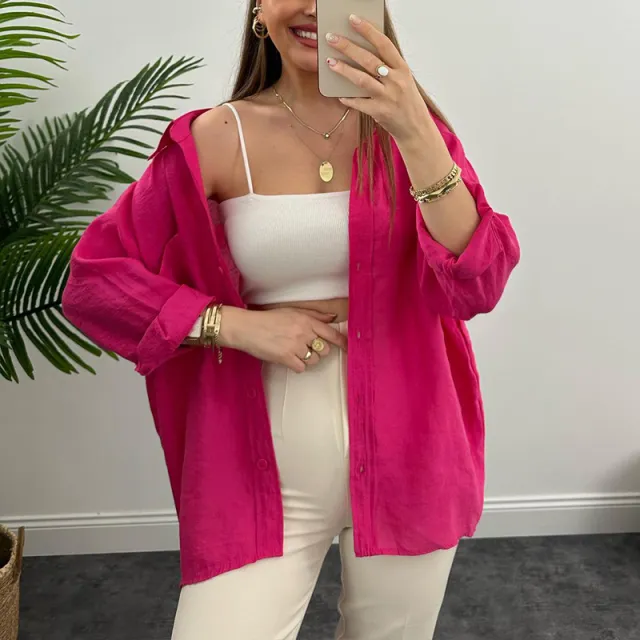 Spring And Autumn Fashion Shirt Women's Loose Hanging Shoulder Single breasted Cardigan Long Sleeve Shirt Rose Red - Shop at LoveMi