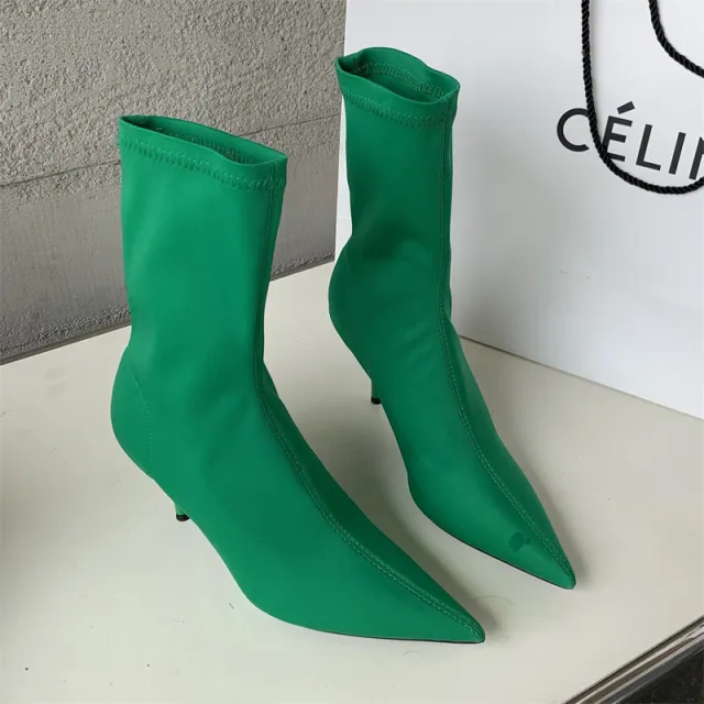 Mid calf Stiletto Heel Elastic Booties Women Green - Shop at LoveMi