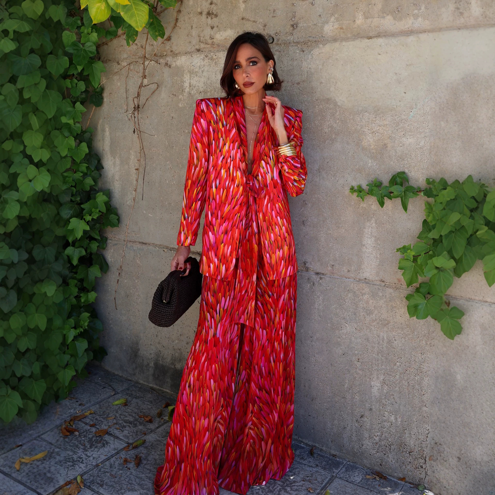Women's Jacquard V-neck Padded-shoulder Polyester Suit With Trousers