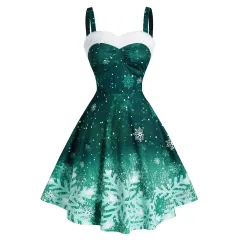 Women's Halter Neck Gradient Snow Print Vintage Dress - Image 4 - View 1