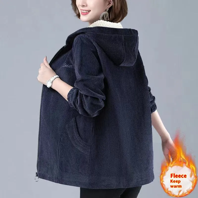 Fleece-lined Thick Corduroy Coat Women's Casual Jacket - Navy