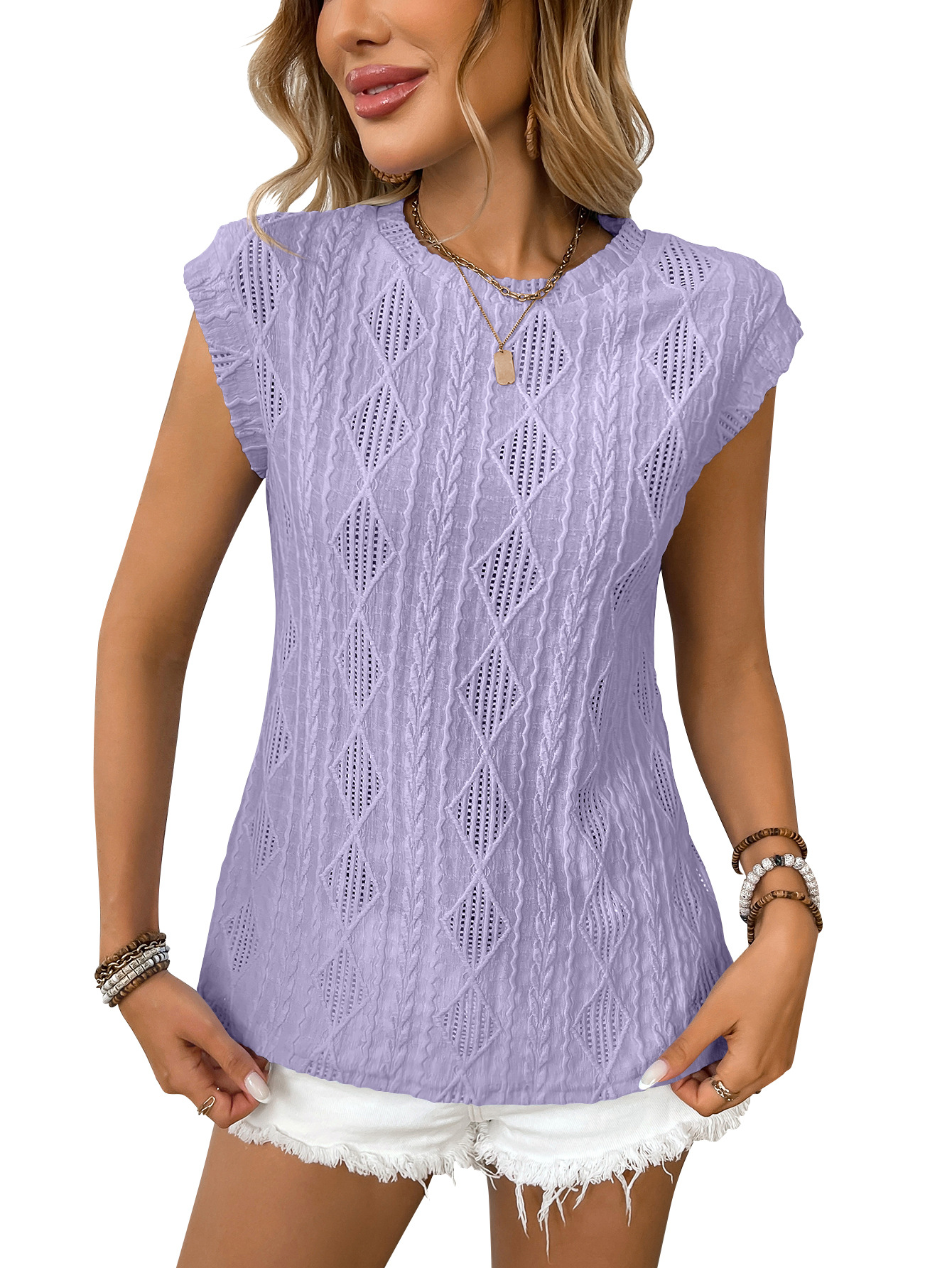 Jacquard Short Sleeve Loose T-shirt Vest For Women