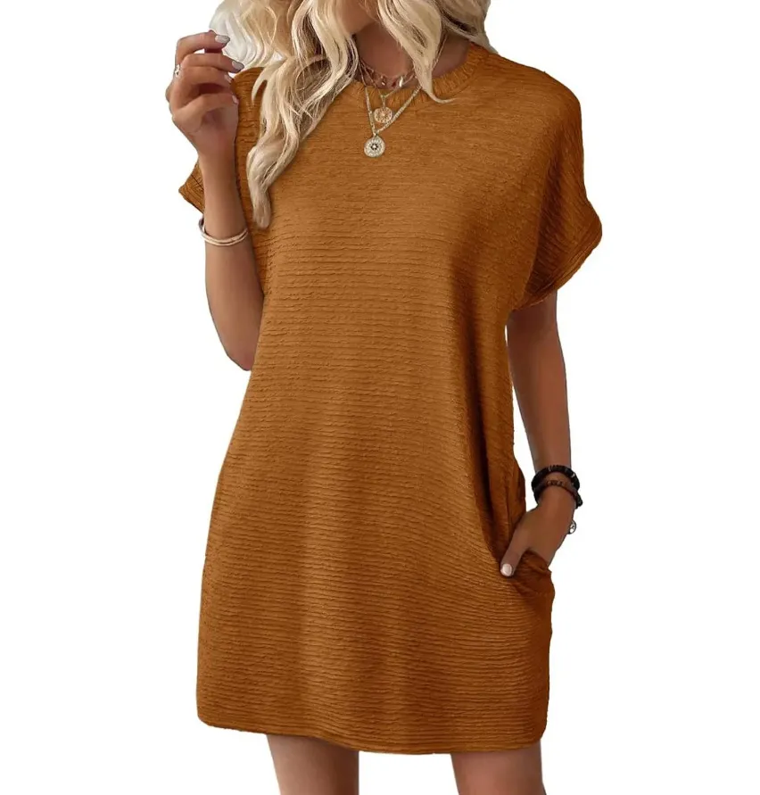 Loose Round Neck Pocket Solid Color Short Sleeve Dress Women - Dark Brown