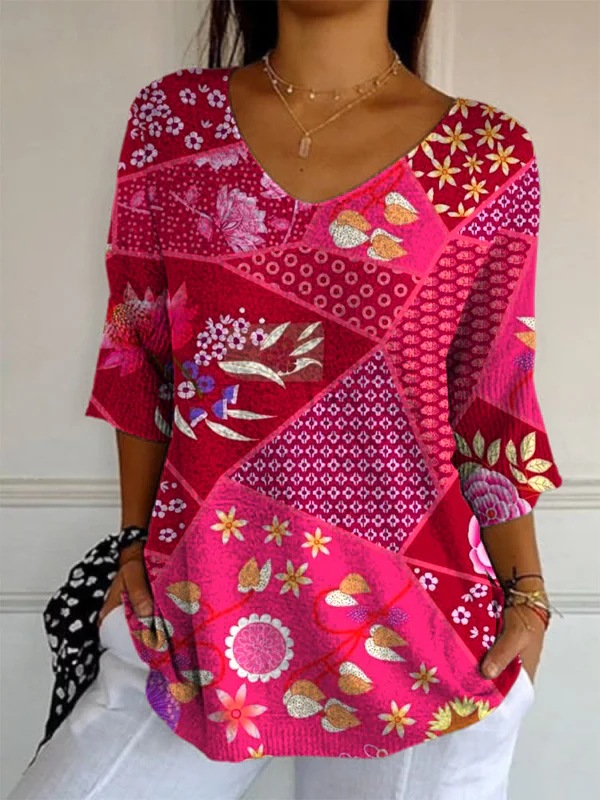 Elegant Retro Womens Casual Floral Print V-Neck Long-Sleeve Top