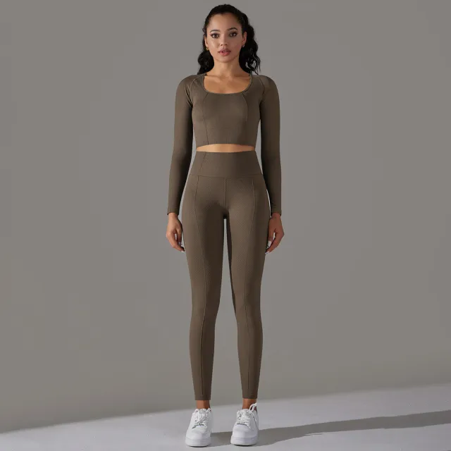 Knitted Polka Dot Jacquard High Elastic Tight Breathable Yoga Clothes Suit Dark Coffee - Shop at LoveMi