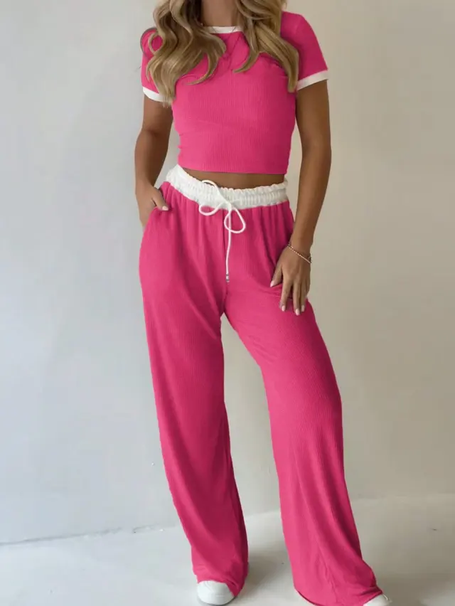 Casual Minimalist Solid Color Short Sleeve Top And Wide Leg Pants Set Rose - Shop at LoveMi