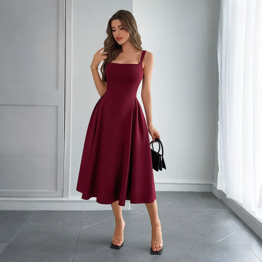 European And American Leisure Simple Camisole Line A Dress - Wine Red