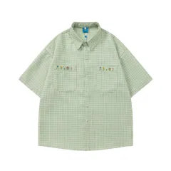 Plaid Embroidered Short-sleeved Loose All-match Couple Shirt - Green - View 1