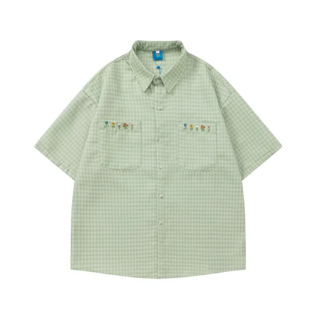 Plaid Embroidered Short sleeved Loose All match Couple Shirt Green - Shop at LoveMi
