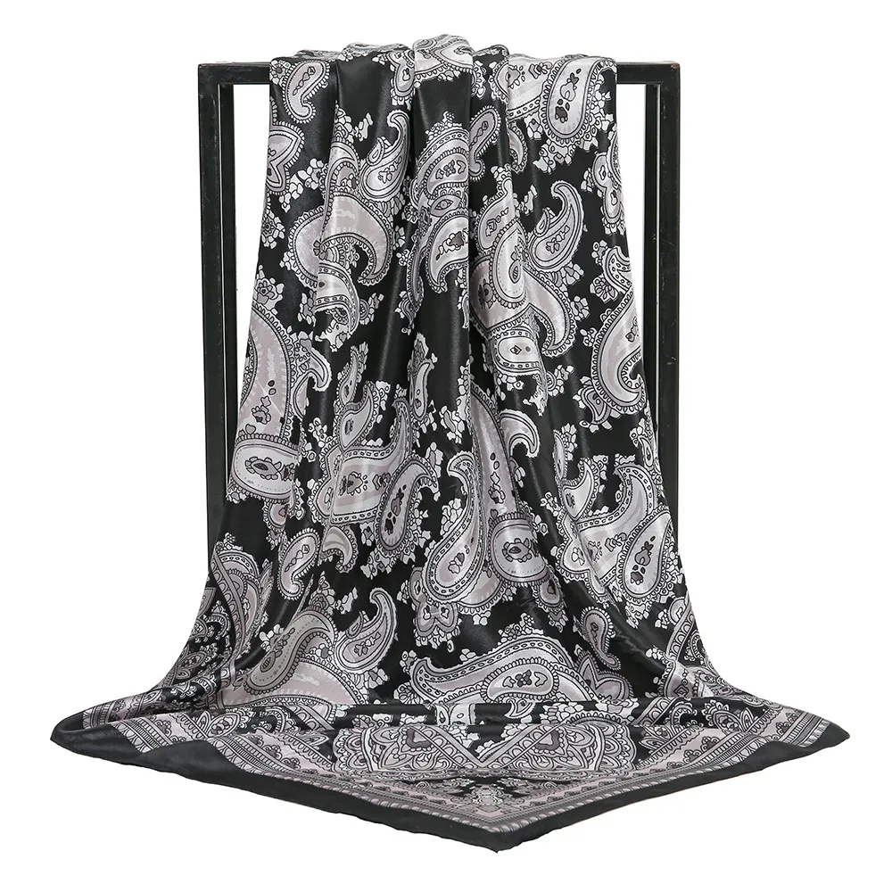 Paisley Printed 90 Square Scarf Retro Fashion Shawl - 2 Black