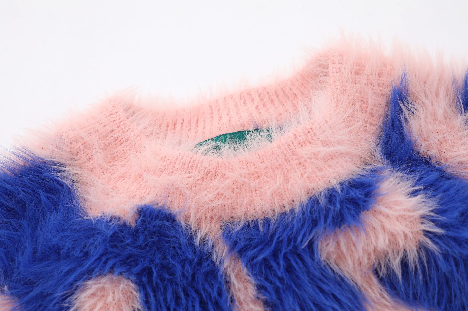 Vintage Furry Color-block Crew Neck Knitted Sweater