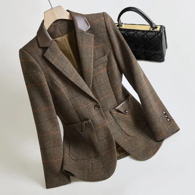 Woolen Plaid Coat Thin Looking Suit Brown - Shop at LoveMi