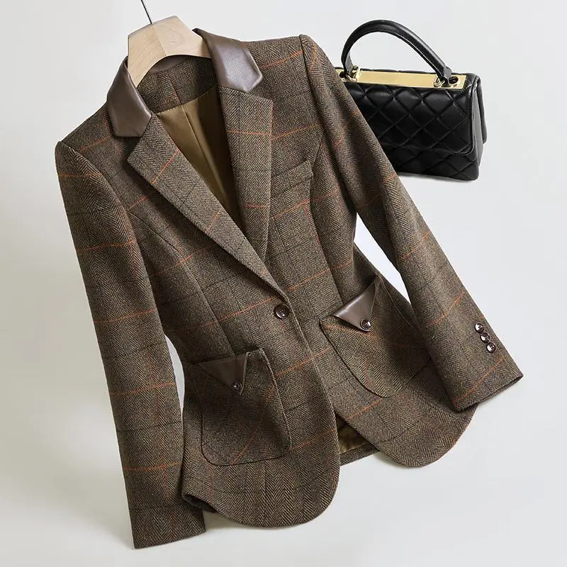 Woolen Plaid Coat Thin Looking Suit - Brown