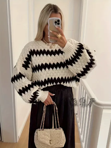 Women's Knitted Pullover Striped Loose Sweater White - Shop at LoveMi