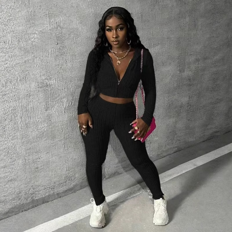 Casual Solid Color Knitted Long-sleeved Two-piece Set – Black, S