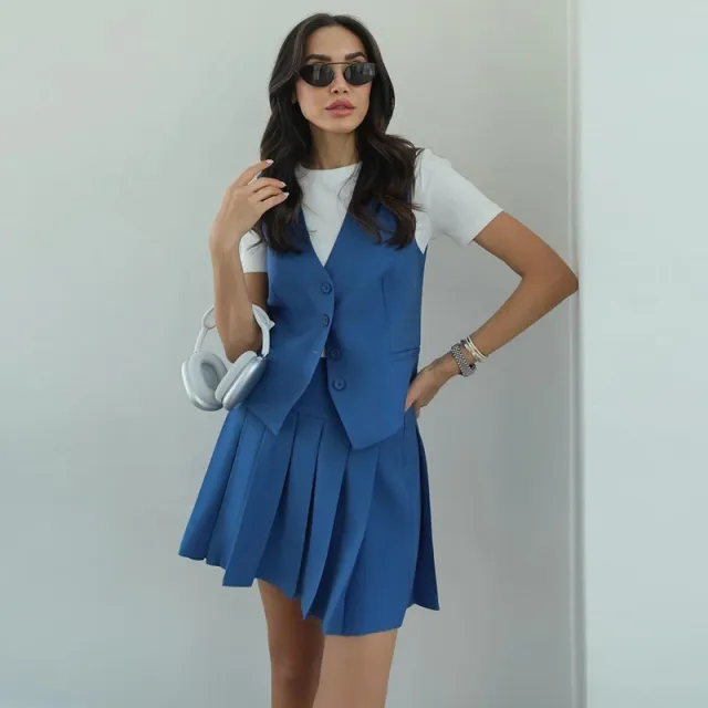 European And American Sleeveless Top Pleated High Waist Short Skirt Women's Two piece Suit Blue - Shop at LoveMi