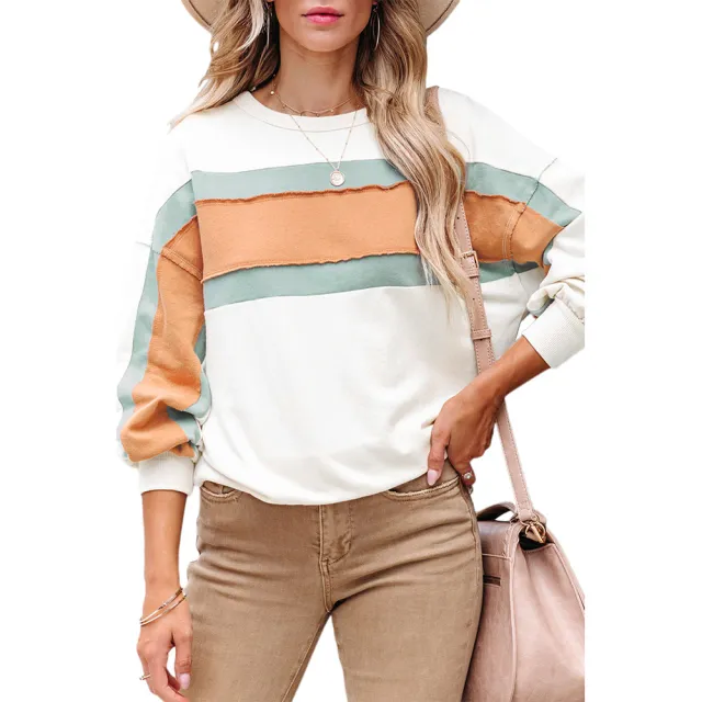 Striped Stitching Contrast Color Long Sleeves Sweater Lc25312731 White - Shop at LoveMi