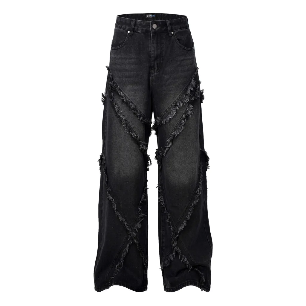 Wash Distressed Stitching Jeans With Whiskers Same Style For Men And Women - Black