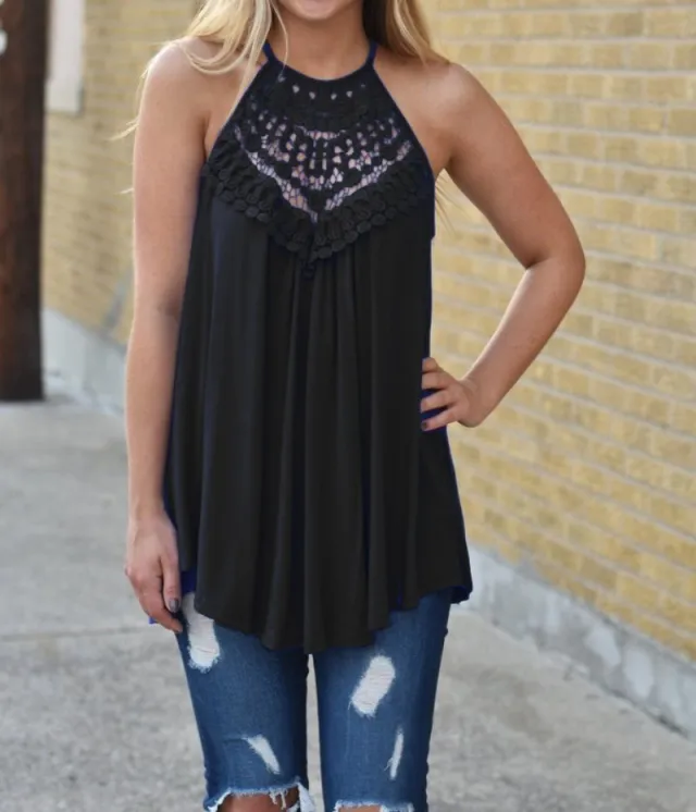 Lace Stitching Sleeveless Round Neck T shirt Casual Top Black - Shop at LoveMi