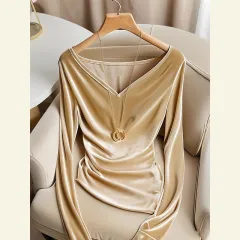 Top Champagne V-neck Long Sleeve Pleuche Pleated Female Winter - Champagne - View 1