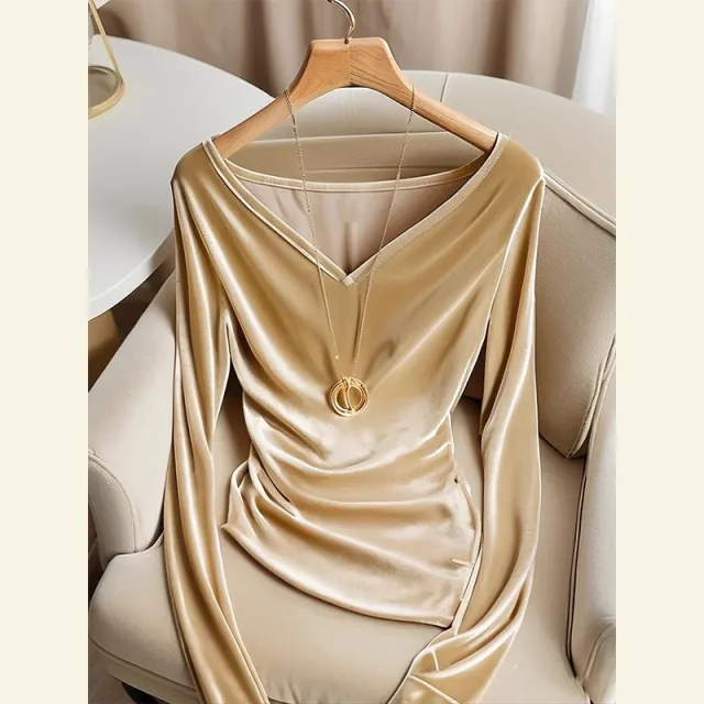 Top Champagne V neck Long Sleeve Pleuche Pleated Female Winter Champagne - Shop at LoveMi