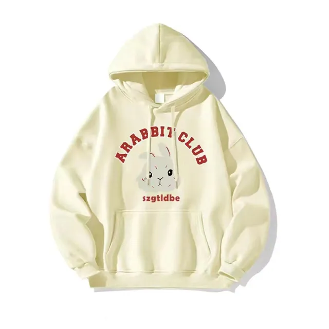 Female Autumn And Winter Rabbit Printed Hoodie Beige - Shop at LoveMi