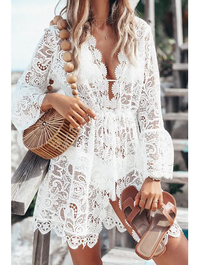 Sun-Protecting Lace V-Neck Bikini Cover-Up Shirt with Waistline Sun-Protecting Lace V-Neck Bikini Cover-Up Shirt with Waistline