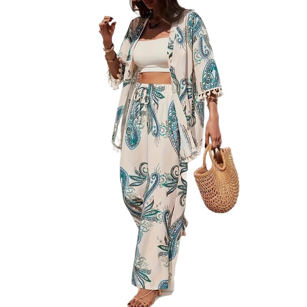 Women's Loose-fit Printed Outfit Cardigan With Fringed Hem And Wide-leg Pants Set - Image 4