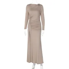 Fashionable Elegant Slim-fit Pleated Waist Tight Irregular Long Sleeve Dress - Nude - View 1