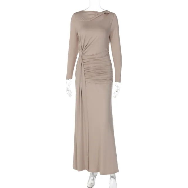 Fashionable Elegant Slim fit Pleated Waist Tight Irregular Long Sleeve Dress Nude - Shop at LoveMi