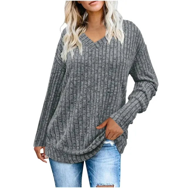 Top V neck Long Sleeve Sunken Stripe Brushed T shirt Gray - Shop at LoveMi