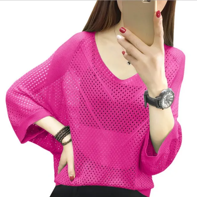 Hollow out Short sleeved Loose Knitted Shirt V neck Rose - Shop at LoveMi