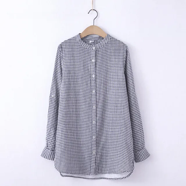 Stand Collar Double layer Yarn Long Sleeve Blouse Loose Black Plaid - Shop at LoveMi