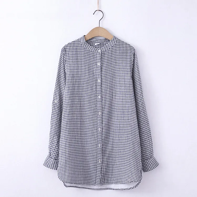 Stand Collar Double-layer Yarn Long Sleeve Blouse Loose - Black Plaid
