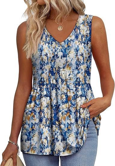 Women's Elegant Sleeveless V neck Elegant Ruffle Top Yellow Blue Flowers - Shop at LoveMi