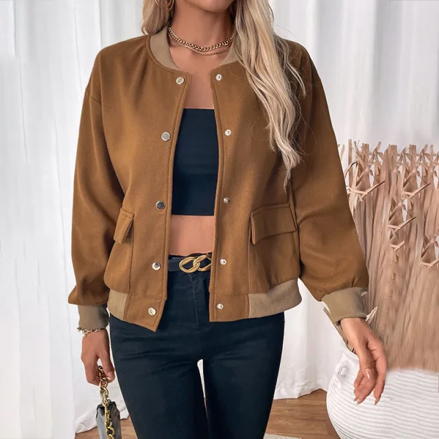 Women's Pocket Single breasted Half turtleneck Jacket Coffee Brown - Shop at LoveMi