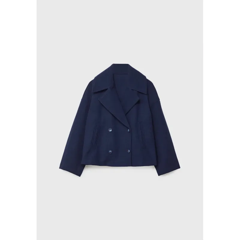 Ins Double-breasted Lapel Blazer Jacket Fashion Loose Woolen Short Coat Elegant Commuting Women's Clothing - Blue Shirt With Blue Buttons