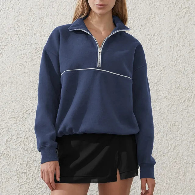 Contrast Color Half Zipper Sports Sweaters Women's Clothing E24W0445063 Gray And Blue - Shop at LoveMi