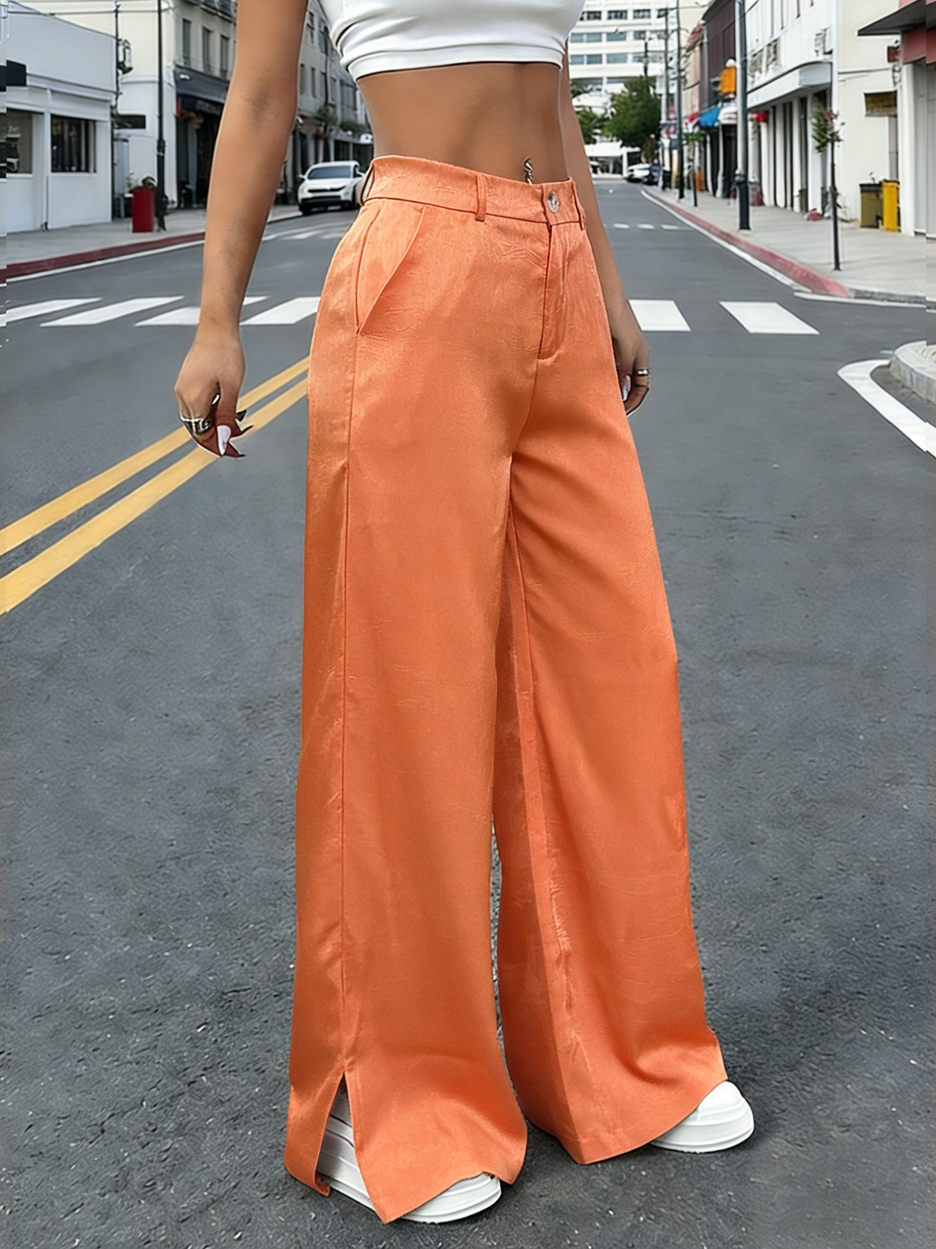 Women's wide-leg satin trousers in emerald green – high-waist pocket full-length