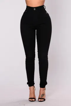 Ultra High Waist Stretch Hip Lift Denim Skinny Pants - Black - View 1