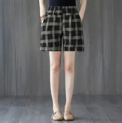 Women's Loose Outer Wear Elastic Waist Casual Cotton Linen Shorts - Large Plaid Shorts - View 1