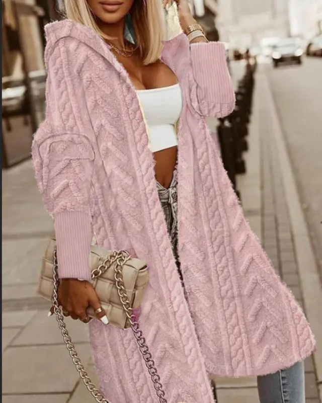 Jacquard Furry Coat Women's Clothing Pink - Shop at LoveMi