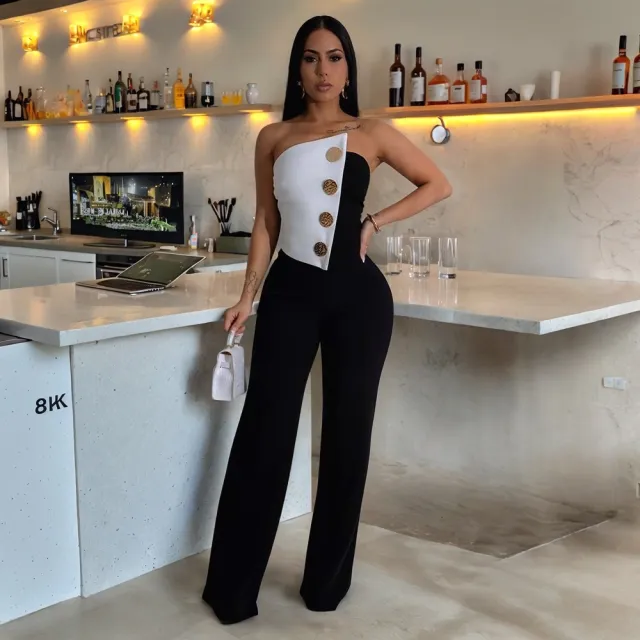 Women's Button Jumpsuit Commute Style Black And White - Shop at LoveMi