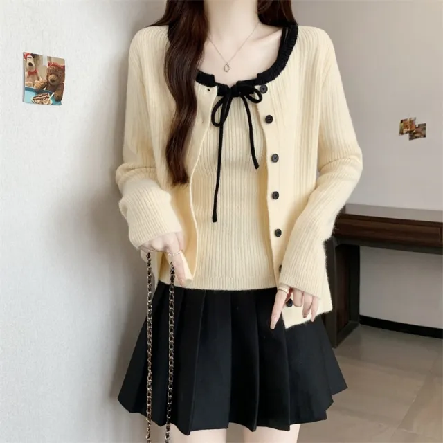 College Style Knitted Cardigan With Suspenders Women's Sweater Beige - Shop at LoveMi