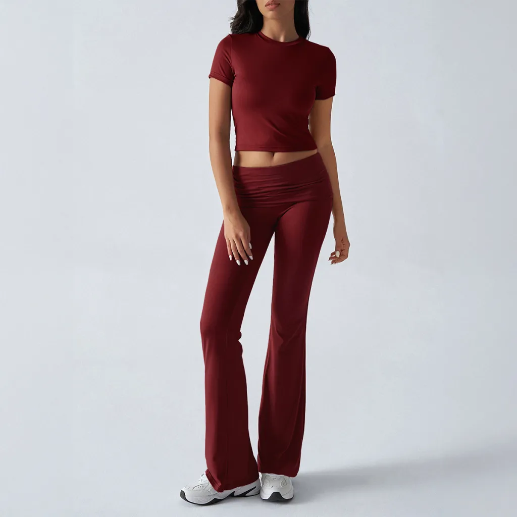 Casual Solid Colour Slim Fit Short Sleeve Trousers Suit - Wine Red